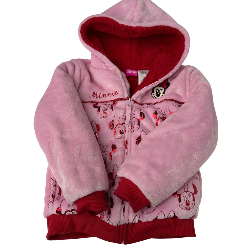 Disney Junior Minnie Mouse Girls‎ Pink Fleece Velour Zip Up Hoodie Size 7